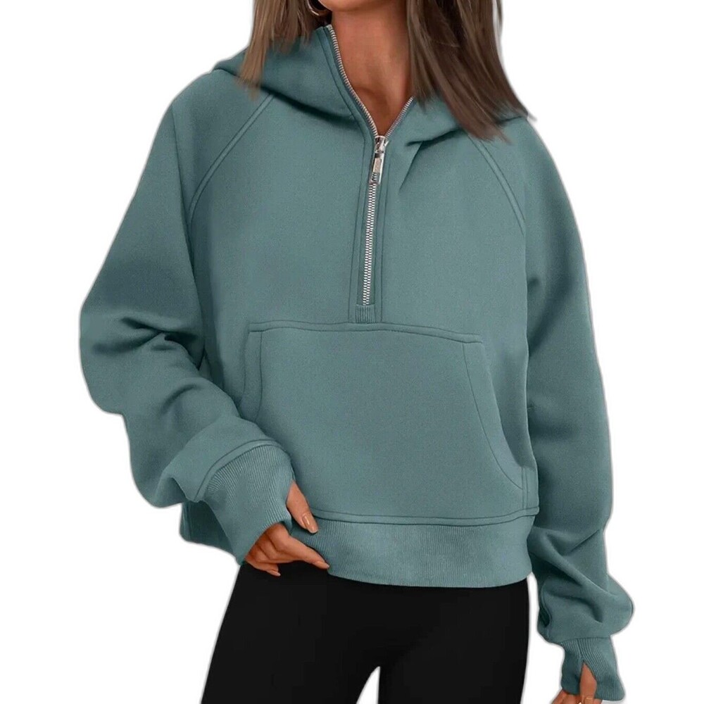 NWT Women's Hoodie Athleisure Cropped  Qtr Zip Sweatshirt Top Pullover Green XL